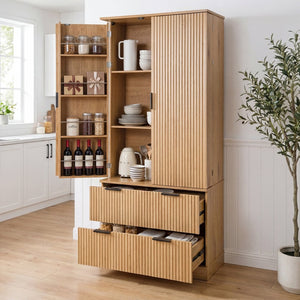 English Elm 72 Inch Fluted Tall Pantry Cabinet with Deep Drawers and Door Spice Rack Shelving Oak W2917S00021