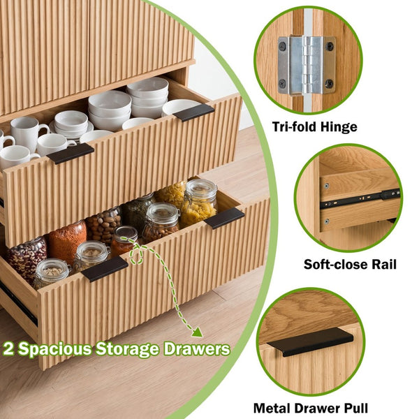 English Elm 72 Inch Fluted Tall Pantry Cabinet with Deep Drawers and Door Spice Rack Shelving Oak W2917S00021