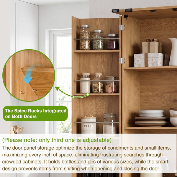 English Elm 72 Inch Fluted Tall Pantry Cabinet with Deep Drawers and Door Spice Rack Shelving Oak W2917S00021
