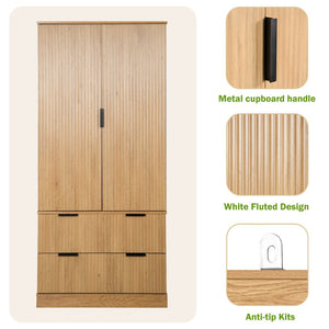 English Elm 72 Inch Fluted Tall Pantry Cabinet with Deep Drawers and Door Spice Rack Shelving Oak W2917S00021