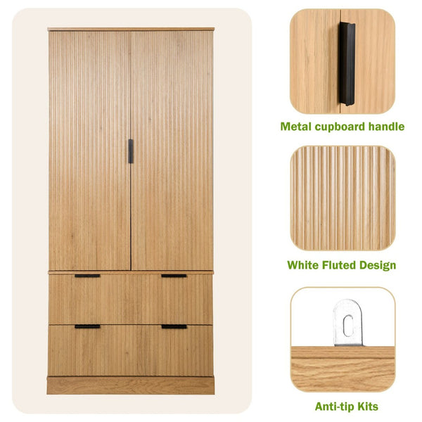 English Elm 72 Inch Fluted Tall Pantry Cabinet with Deep Drawers and Door Spice Rack Shelving Oak W2917S00021