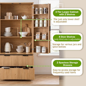 English Elm 72 Inch Fluted Tall Pantry Cabinet with Deep Drawers and Door Spice Rack Shelving Oak W2917S00021
