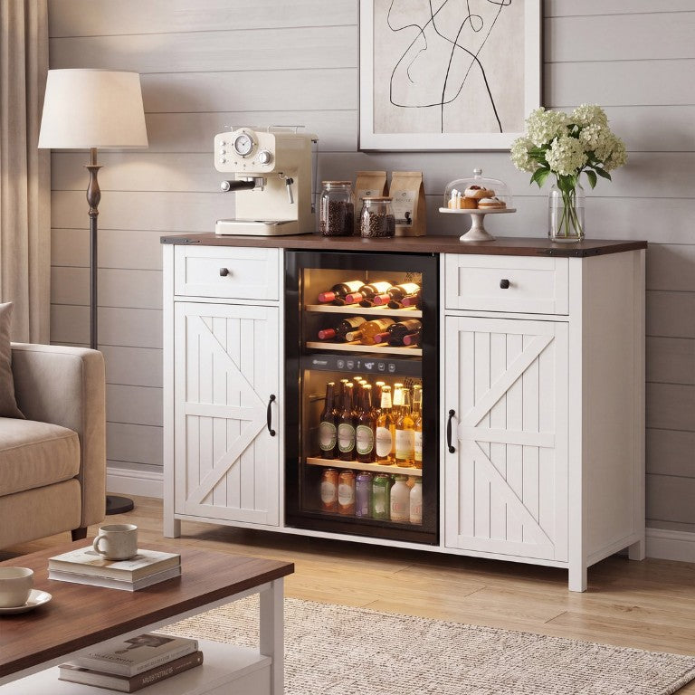 English Elm Farmhouse Barn Door Buffet Cabinet with Mini Fridge Space and Built-In Charging White W2917S00022