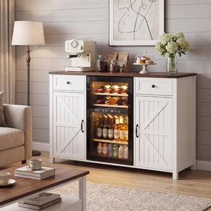 English Elm Farmhouse Barn Door Buffet Cabinet with Mini Fridge Space and Built-In Charging White W2917S00022
