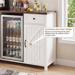 English Elm Farmhouse Barn Door Buffet Cabinet with Mini Fridge Space and Built-In Charging White W2917S00022