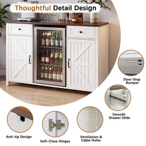 English Elm Farmhouse Barn Door Buffet Cabinet with Mini Fridge Space and Built-In Charging White W2917S00022