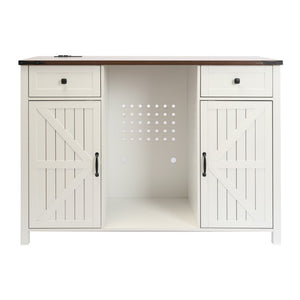 English Elm Farmhouse Barn Door Buffet Cabinet with Mini Fridge Space and Built-In Charging White W2917S00022