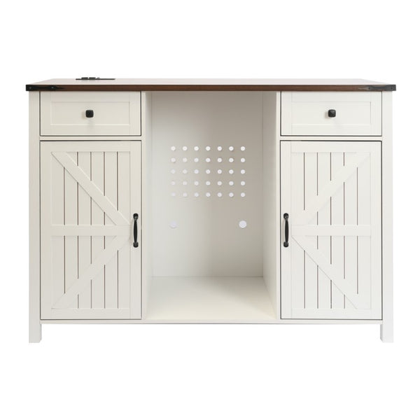 English Elm Farmhouse Barn Door Buffet Cabinet with Mini Fridge Space and Built-In Charging White W2917S00022