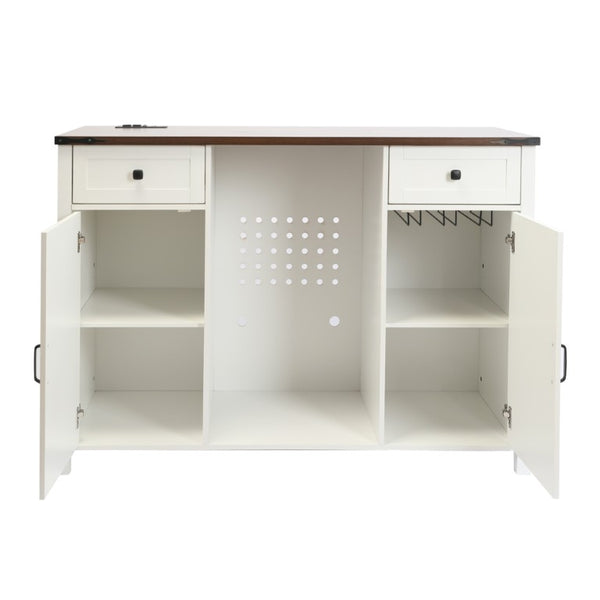 English Elm Farmhouse Barn Door Buffet Cabinet with Mini Fridge Space and Built-In Charging White W2917S00022