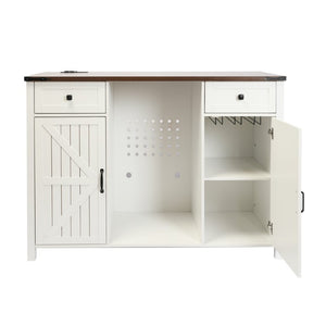 English Elm Farmhouse Barn Door Buffet Cabinet with Mini Fridge Space and Built-In Charging White W2917S00022