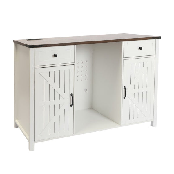 English Elm Farmhouse Barn Door Buffet Cabinet with Mini Fridge Space and Built-In Charging White W2917S00022
