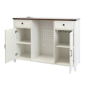 English Elm Farmhouse Barn Door Buffet Cabinet with Mini Fridge Space and Built-In Charging White W2917S00022