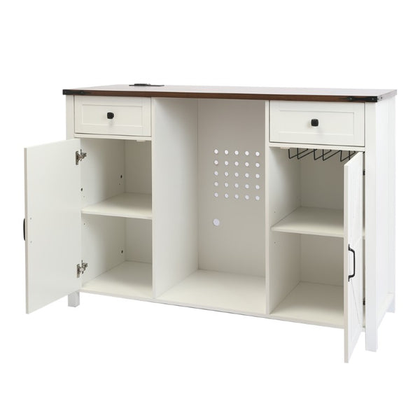 English Elm Farmhouse Barn Door Buffet Cabinet with Mini Fridge Space and Built-In Charging White W2917S00022