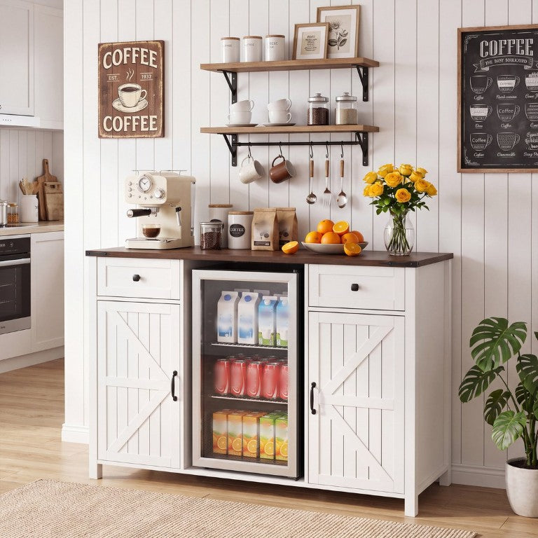 English Elm Farmhouse Barn Door Buffet Cabinet with Mini Fridge Space and Built-In Charging White W2917S00022