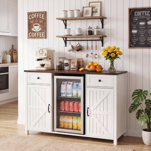 English Elm Farmhouse Barn Door Buffet Cabinet with Mini Fridge Space and Built-In Charging White W2917S00022