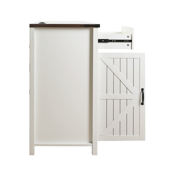 English Elm Farmhouse Barn Door Buffet Cabinet with Mini Fridge Space and Built-In Charging White W2917S00022
