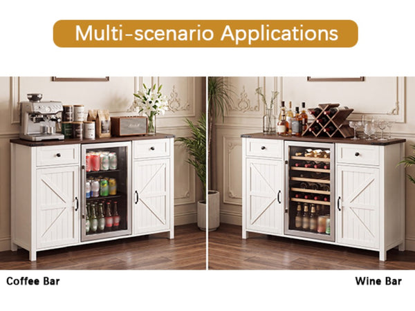 English Elm Farmhouse Barn Door Buffet Cabinet with Mini Fridge Space and Built-In Charging White W2917S00022