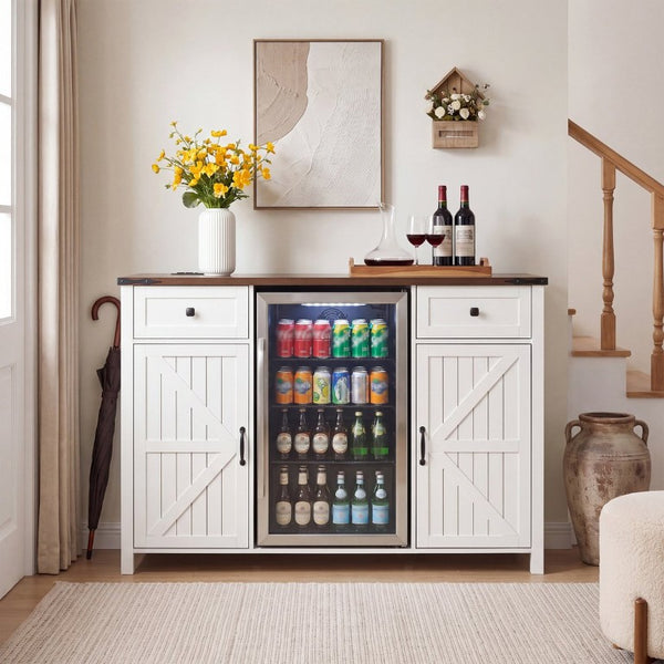 English Elm Farmhouse Barn Door Buffet Cabinet with Mini Fridge Space and Built-In Charging White W2917S00022