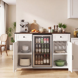 English Elm Farmhouse Barn Door Buffet Cabinet with Mini Fridge Space and Built-In Charging White W2917S00022