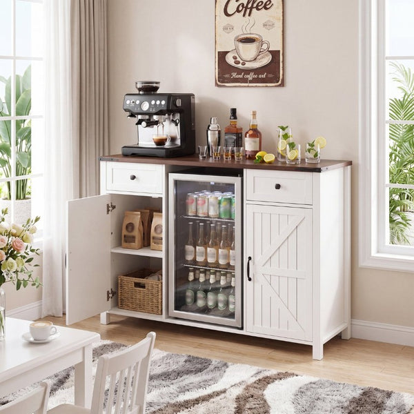 English Elm Farmhouse Barn Door Buffet Cabinet with Mini Fridge Space and Built-In Charging White W2917S00022