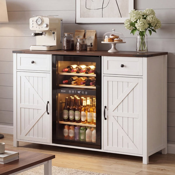 English Elm Farmhouse Barn Door Buffet Cabinet with Mini Fridge Space and Built-In Charging White W2917S00022