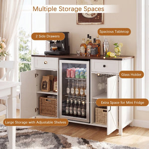 English Elm Farmhouse Barn Door Buffet Cabinet with Mini Fridge Space and Built-In Charging White W2917S00022