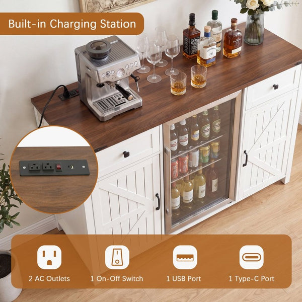 English Elm Farmhouse Barn Door Buffet Cabinet with Mini Fridge Space and Built-In Charging White W2917S00022