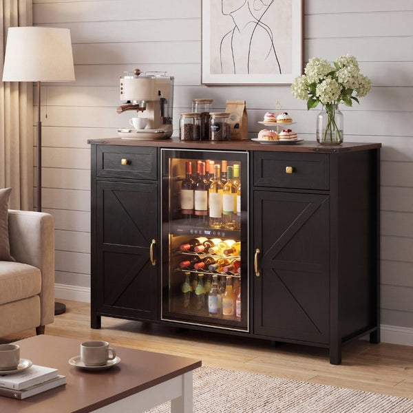 English Elm Farmhouse Barn Door Buffet Cabinet with Mini Fridge Space and Built-In Charging Black W2917S00023