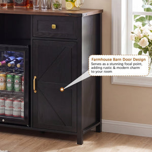 English Elm Farmhouse Barn Door Buffet Cabinet with Mini Fridge Space and Built-In Charging Black W2917S00023