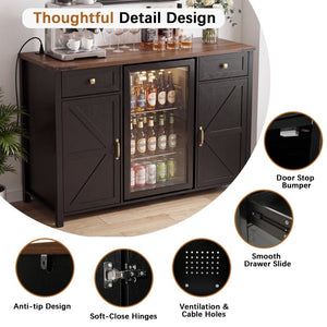 English Elm Farmhouse Barn Door Buffet Cabinet with Mini Fridge Space and Built-In Charging Black W2917S00023