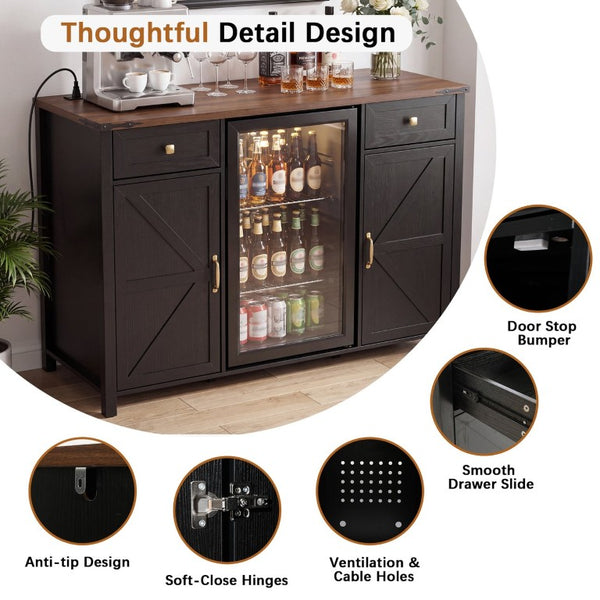 English Elm Farmhouse Barn Door Buffet Cabinet with Mini Fridge Space and Built-In Charging Black W2917S00023