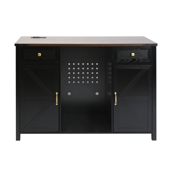 English Elm Farmhouse Barn Door Buffet Cabinet with Mini Fridge Space and Built-In Charging Black W2917S00023