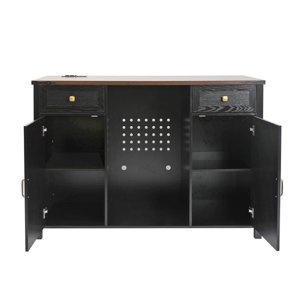 English Elm Farmhouse Barn Door Buffet Cabinet with Mini Fridge Space and Built-In Charging Black W2917S00023