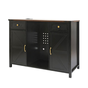 English Elm Farmhouse Barn Door Buffet Cabinet with Mini Fridge Space and Built-In Charging Black W2917S00023