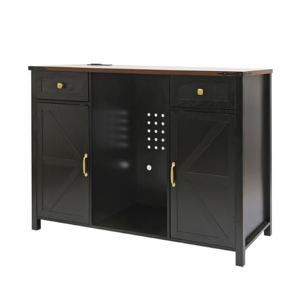 English Elm Farmhouse Barn Door Buffet Cabinet with Mini Fridge Space and Built-In Charging Black W2917S00023