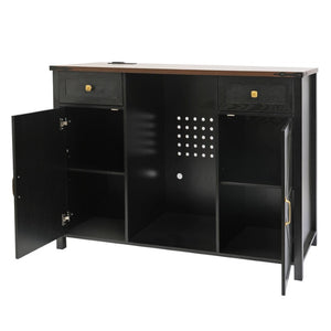 English Elm Farmhouse Barn Door Buffet Cabinet with Mini Fridge Space and Built-In Charging Black W2917S00023