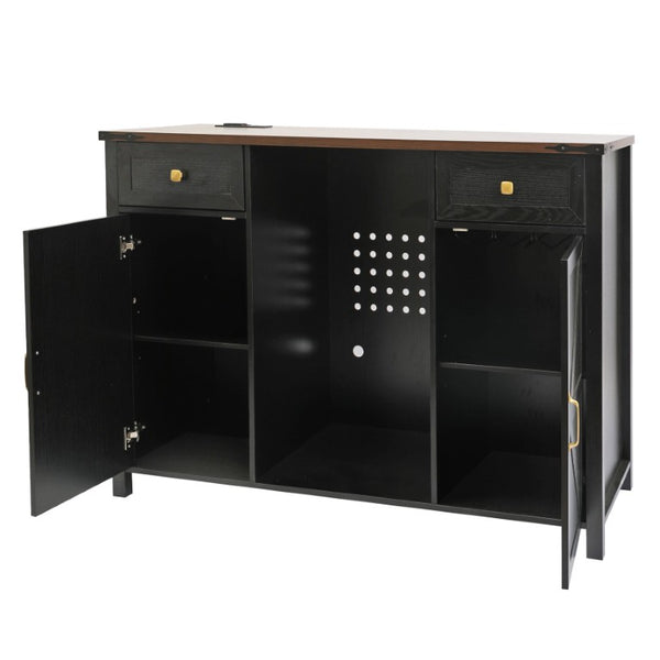 English Elm Farmhouse Barn Door Buffet Cabinet with Mini Fridge Space and Built-In Charging Black W2917S00023