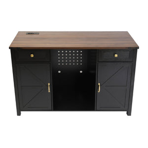 English Elm Farmhouse Barn Door Buffet Cabinet with Mini Fridge Space and Built-In Charging Black W2917S00023