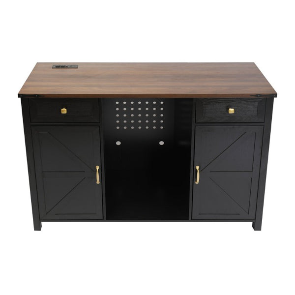English Elm Farmhouse Barn Door Buffet Cabinet with Mini Fridge Space and Built-In Charging Black W2917S00023