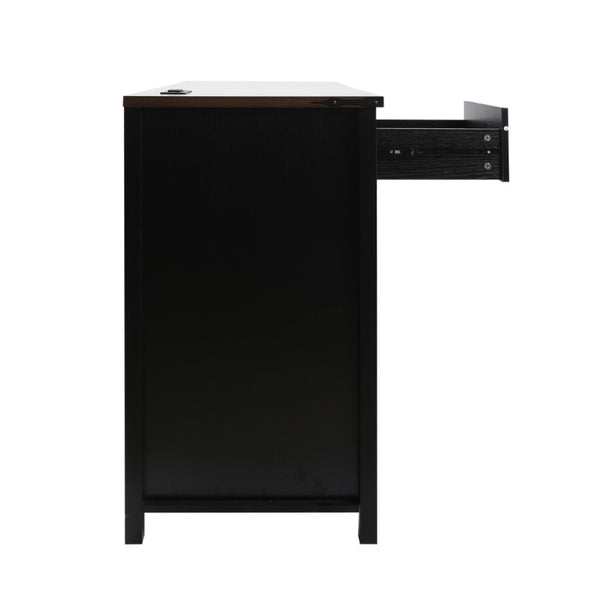English Elm Farmhouse Barn Door Buffet Cabinet with Mini Fridge Space and Built-In Charging Black W2917S00023