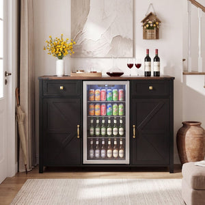 English Elm Farmhouse Barn Door Buffet Cabinet with Mini Fridge Space and Built-In Charging Black W2917S00023