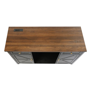 English Elm Farmhouse Barn Door Buffet Cabinet with Mini Fridge Space and Built-In Charging Black W2917S00023