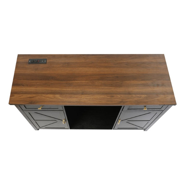 English Elm Farmhouse Barn Door Buffet Cabinet with Mini Fridge Space and Built-In Charging Black W2917S00023