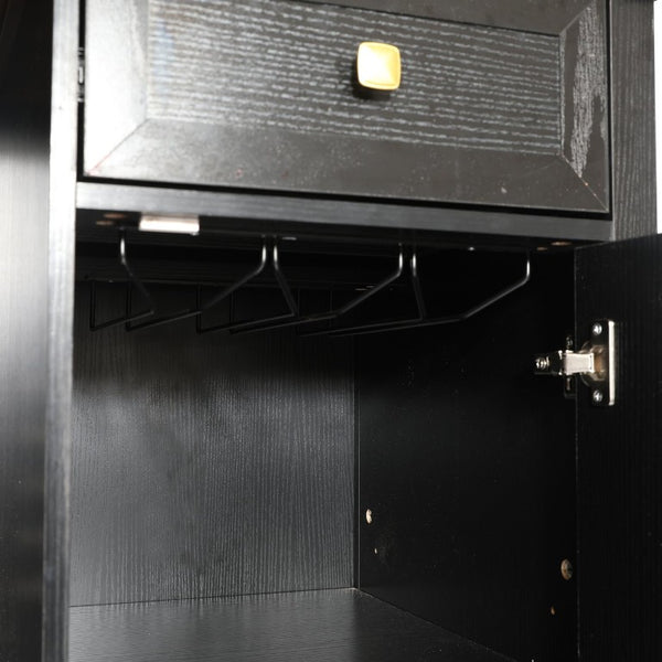English Elm Farmhouse Barn Door Buffet Cabinet with Mini Fridge Space and Built-In Charging Black W2917S00023