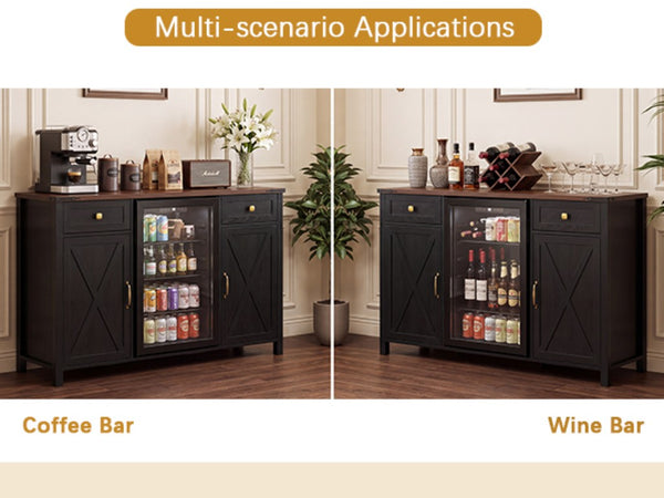 English Elm Farmhouse Barn Door Buffet Cabinet with Mini Fridge Space and Built-In Charging Black W2917S00023