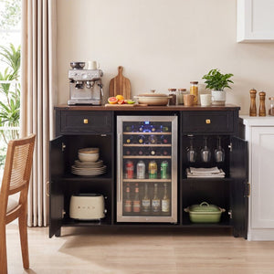 English Elm Farmhouse Barn Door Buffet Cabinet with Mini Fridge Space and Built-In Charging Black W2917S00023