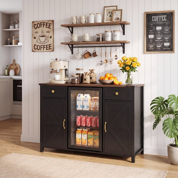 English Elm Farmhouse Barn Door Buffet Cabinet with Mini Fridge Space and Built-In Charging Black W2917S00023