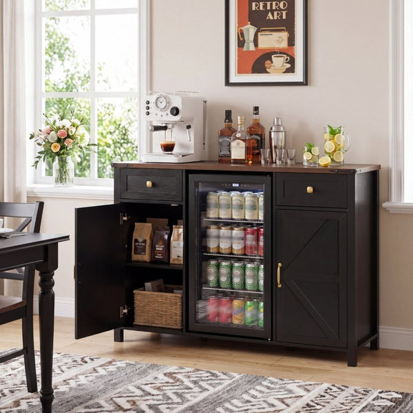 English Elm Farmhouse Barn Door Buffet Cabinet with Mini Fridge Space and Built-In Charging Black W2917S00023