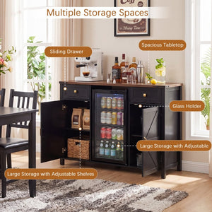 English Elm Farmhouse Barn Door Buffet Cabinet with Mini Fridge Space and Built-In Charging Black W2917S00023