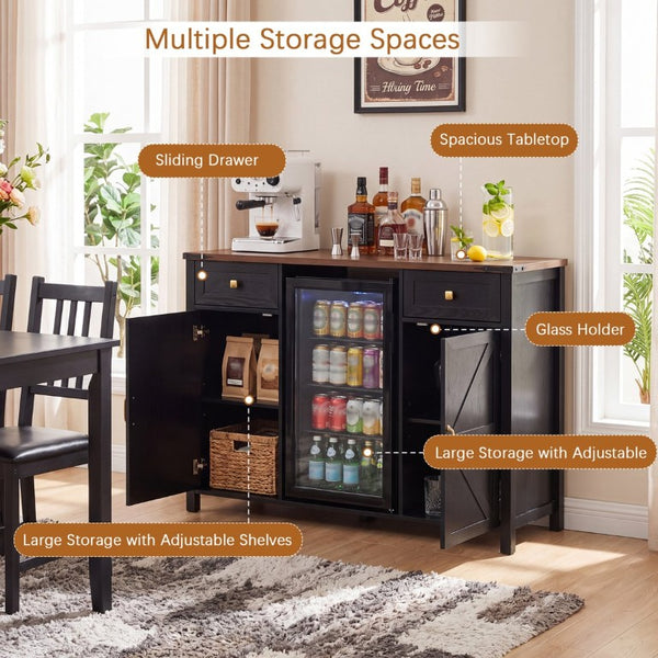 English Elm Farmhouse Barn Door Buffet Cabinet with Mini Fridge Space and Built-In Charging Black W2917S00023